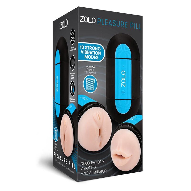 Front view of the Zolo Pleasure Pill male masturbator packaging, on a clean white background | Flirty Bay adult store Perth
